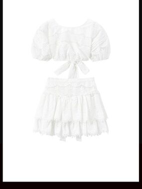 Girls' Delphine Top & Skirt White Eyelet Two-Piece Matching Set with Tie-Back